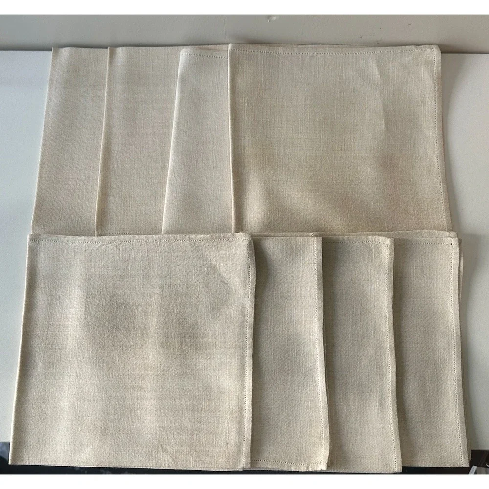 Solid Beige Linen Blend Square Napkin Cloth Hemmed Edges Set of 8
